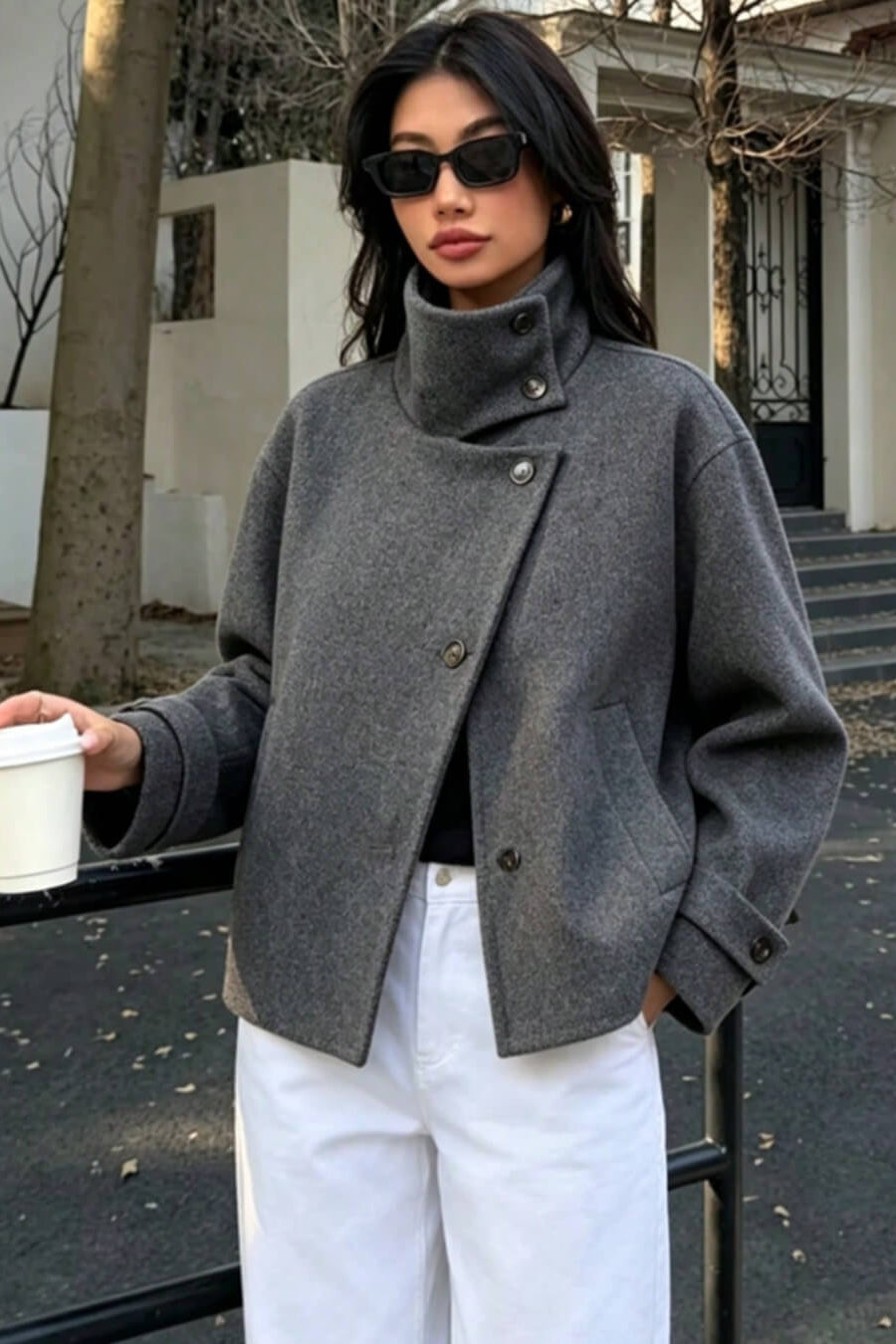 SOKYND Alice Rose Buckle Stand Collar Coat CoatSOKYND-539863-GRE-XS-69655GreyXS