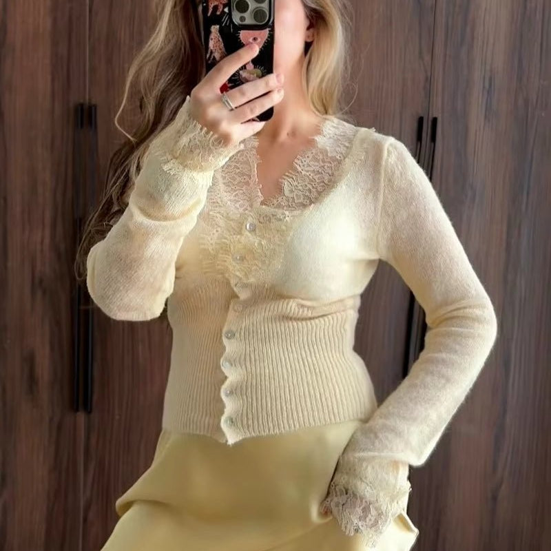 SOKYND Alicia V-Neck Lace Trim Cardigan CardiganSOKYND-419927-BEI-OS-98167Beige