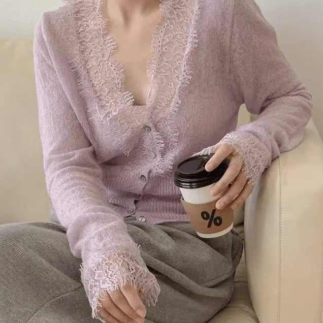 SOKYND Alicia V-Neck Lace Trim Cardigan CardiganSOKYND-419927-LAV-OS-65399Lavender
