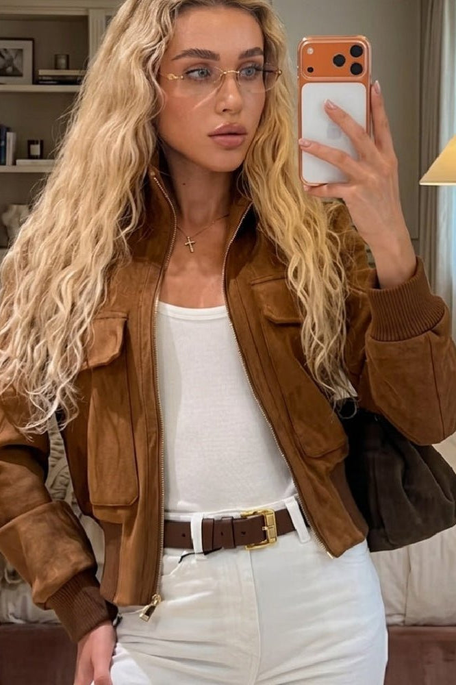SOKYND Amanda Cropped Bomber Jacket JacketSOKYND-446487-TAN-XS-83479Light BrownXS