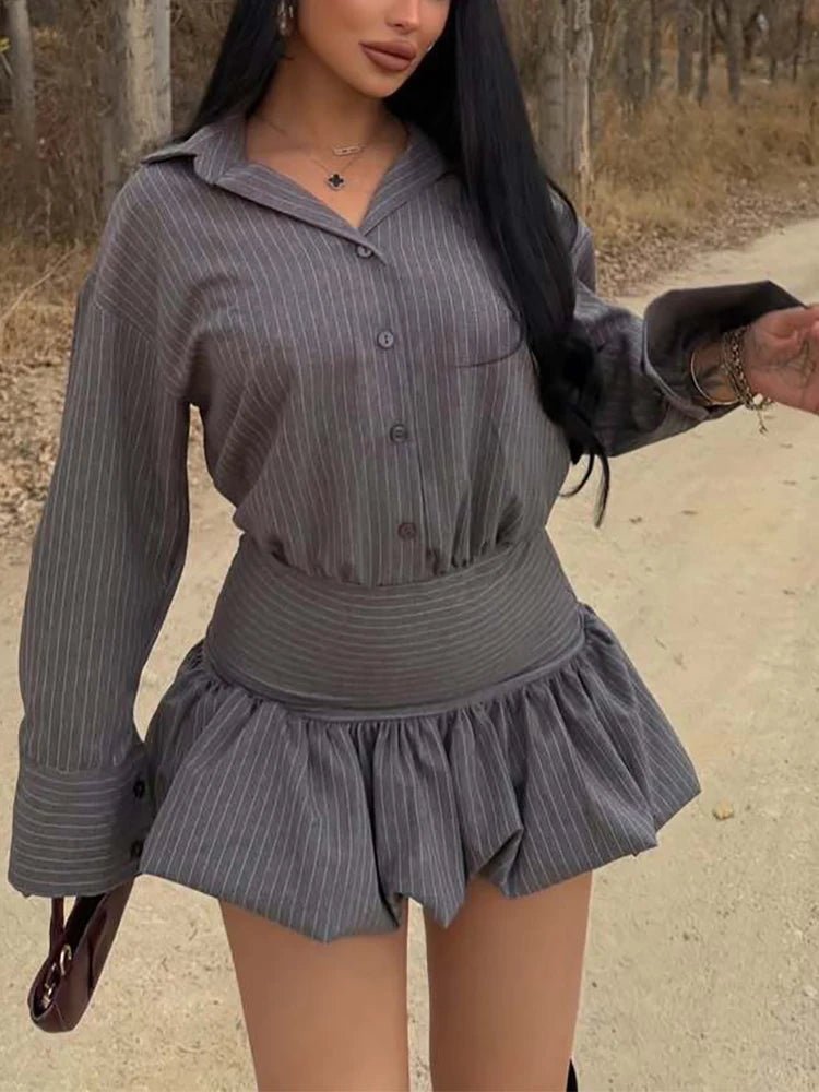 SOKYND Audrey Striped Shirt & Mini Skirt Set DressSOKYND-008855-BRO-S-17815BrownS