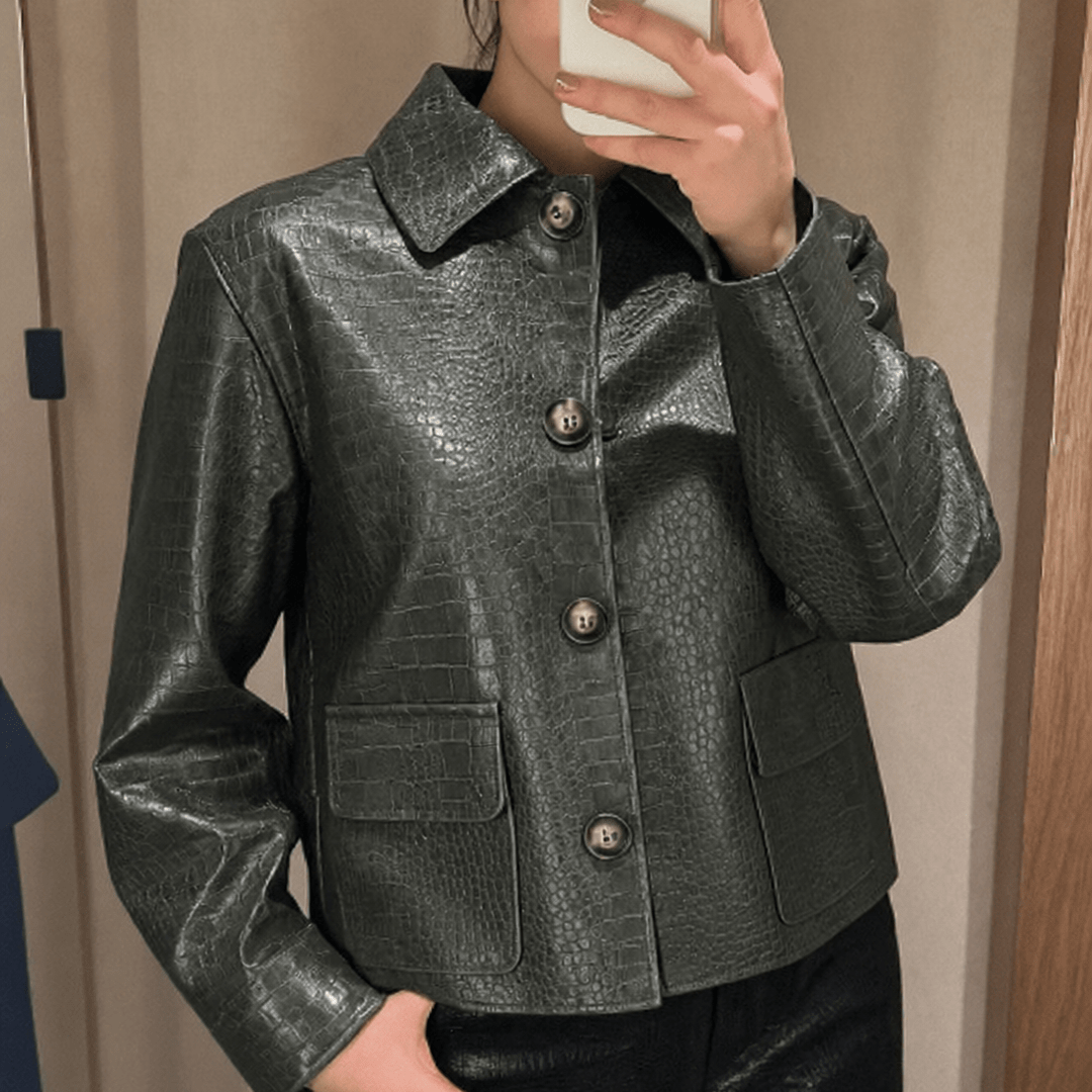SOKYND Ava Crocodile Embossed Leather Jacket JacketSOKYND-470679-GRE-S-12311GreenS
