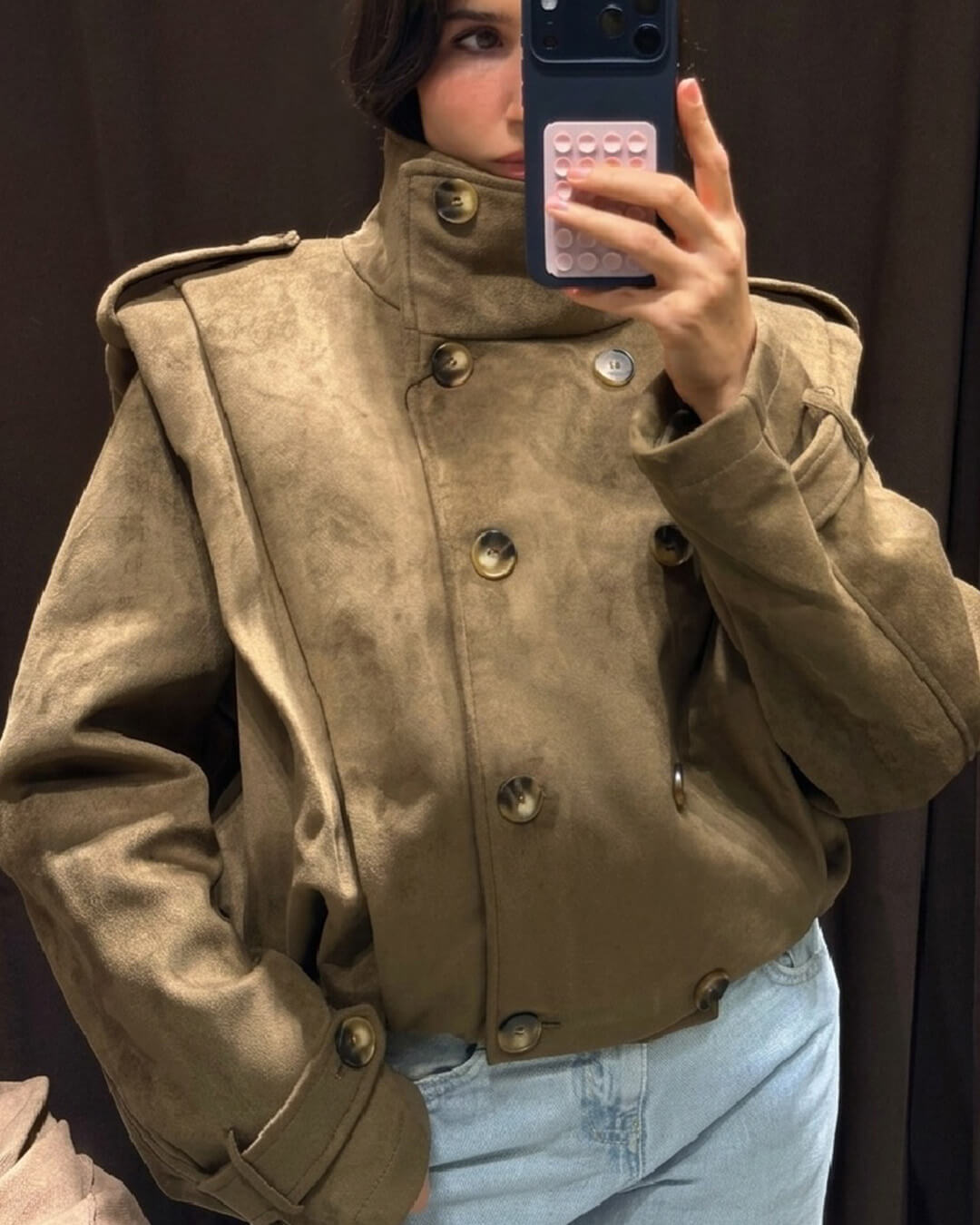 SOKYND Belinda Retro Faux Suede Cropped Trench JacketSOKYND-205527-L-OS-15447L