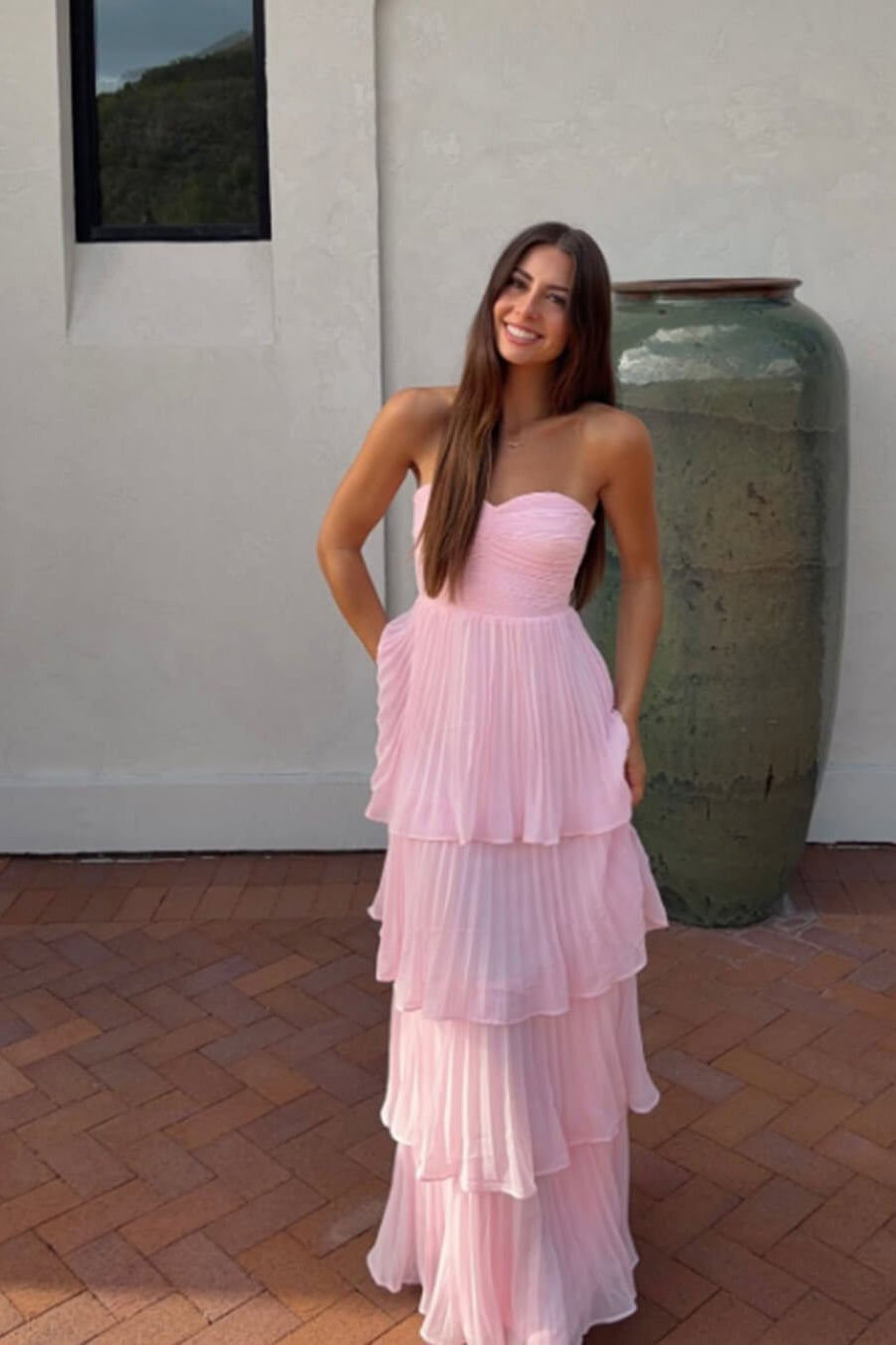 SOKYND Celeste Strapless Pleated Tiered Maxi Dress DressesS