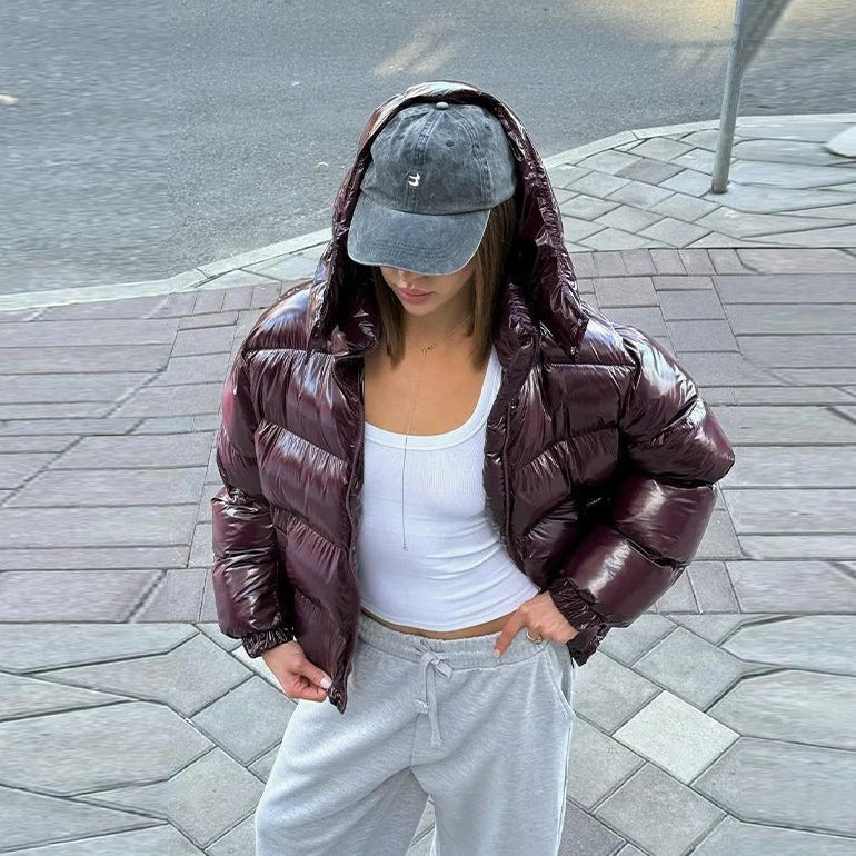 SOKYND Davina Hooded Puffer Jacket in Burgundy