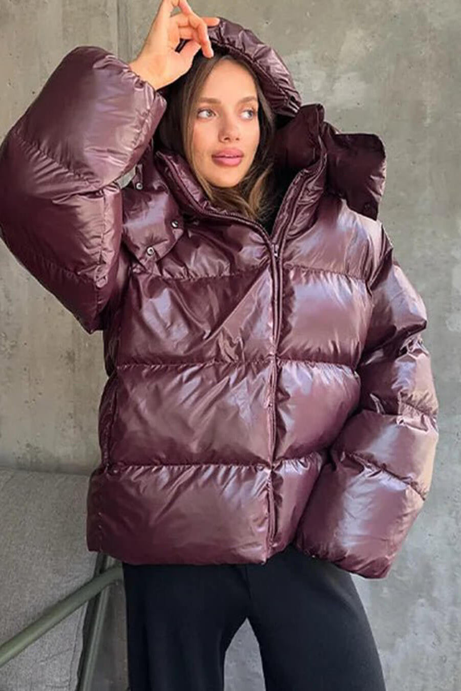 SOKYND Davina Hooded Puffer Jacket in Burgundy