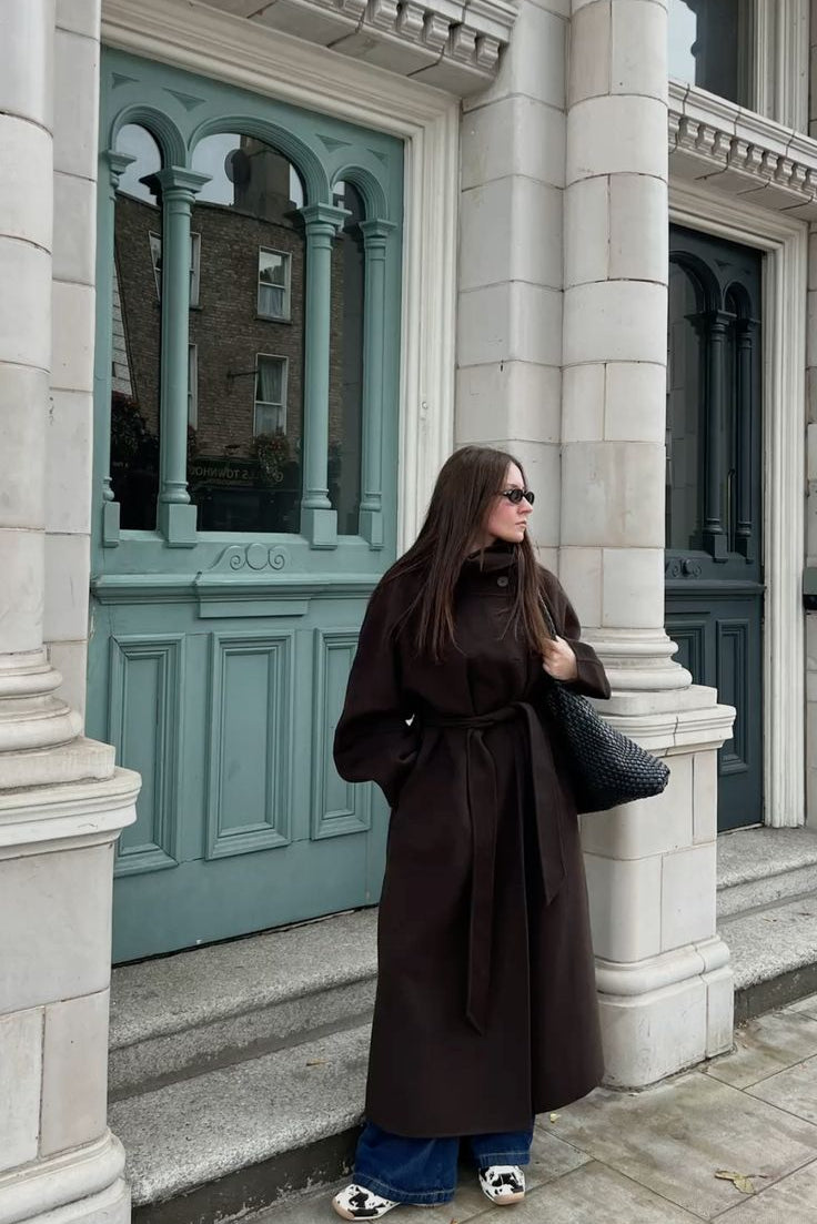 SOKYND Dolly Long Belted High Collar Coat Coats & JacketsBrownM