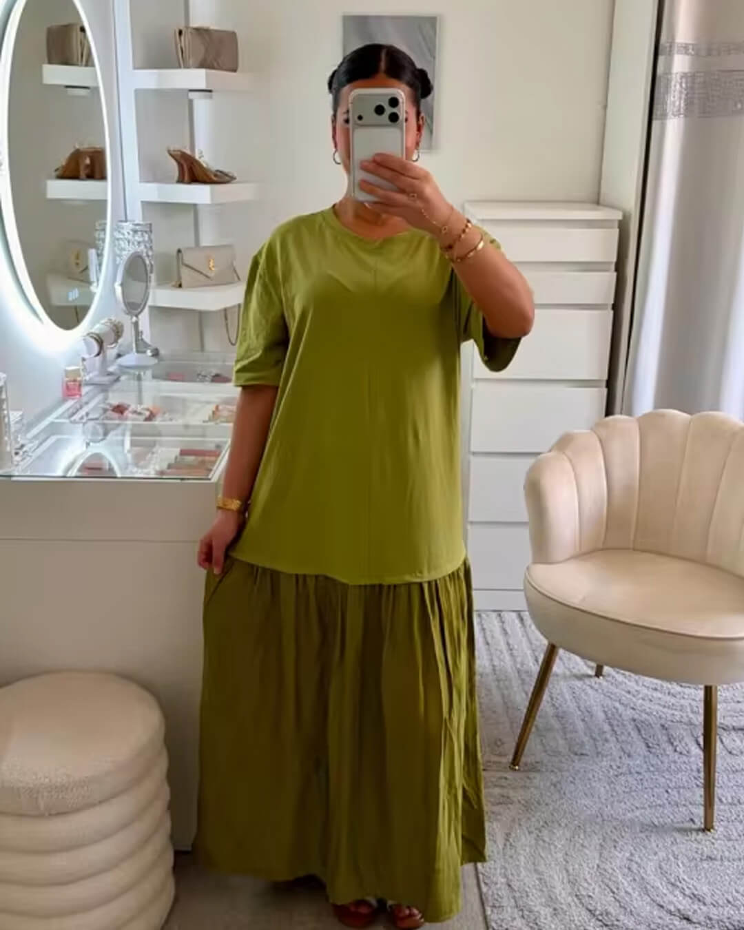 SOKYND Emilia Pleated Patchwork Midi Dress DressSOKYND-049367-GRE-M-58711GreenM