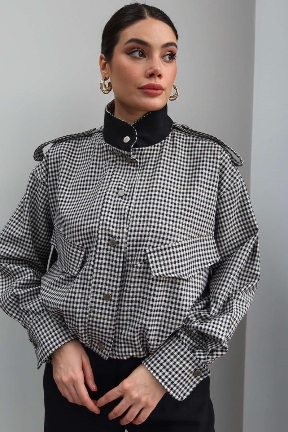 SOKYND Emma High Neck Checked Bomber Jacket JacketSOKYND-266007-XS-OS-92823XS