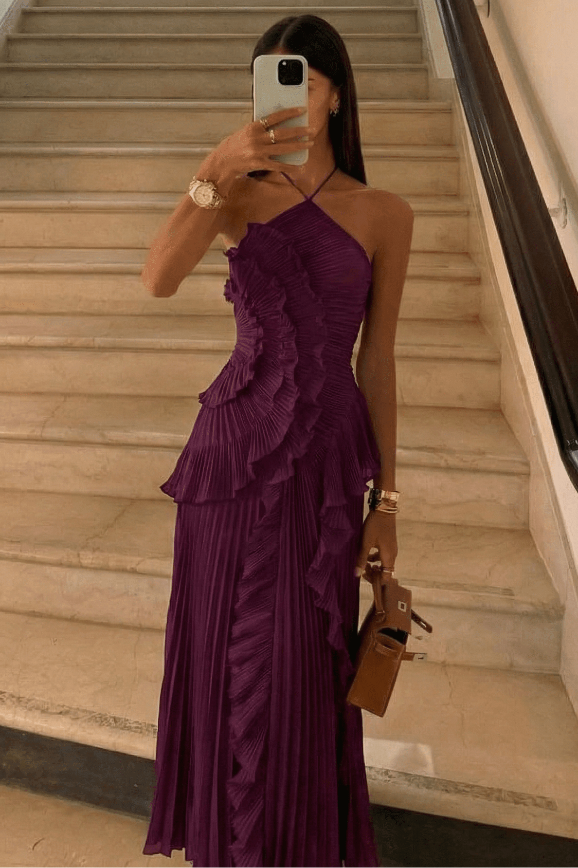 SOKYND Erica Halter Pleated Ruffle Maxi Dress DressSOKYND-674327-DAR-XS-10359Dark PurpleXS