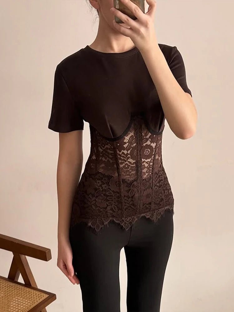 SOKYND Hailee Lace Corset Top in Brown