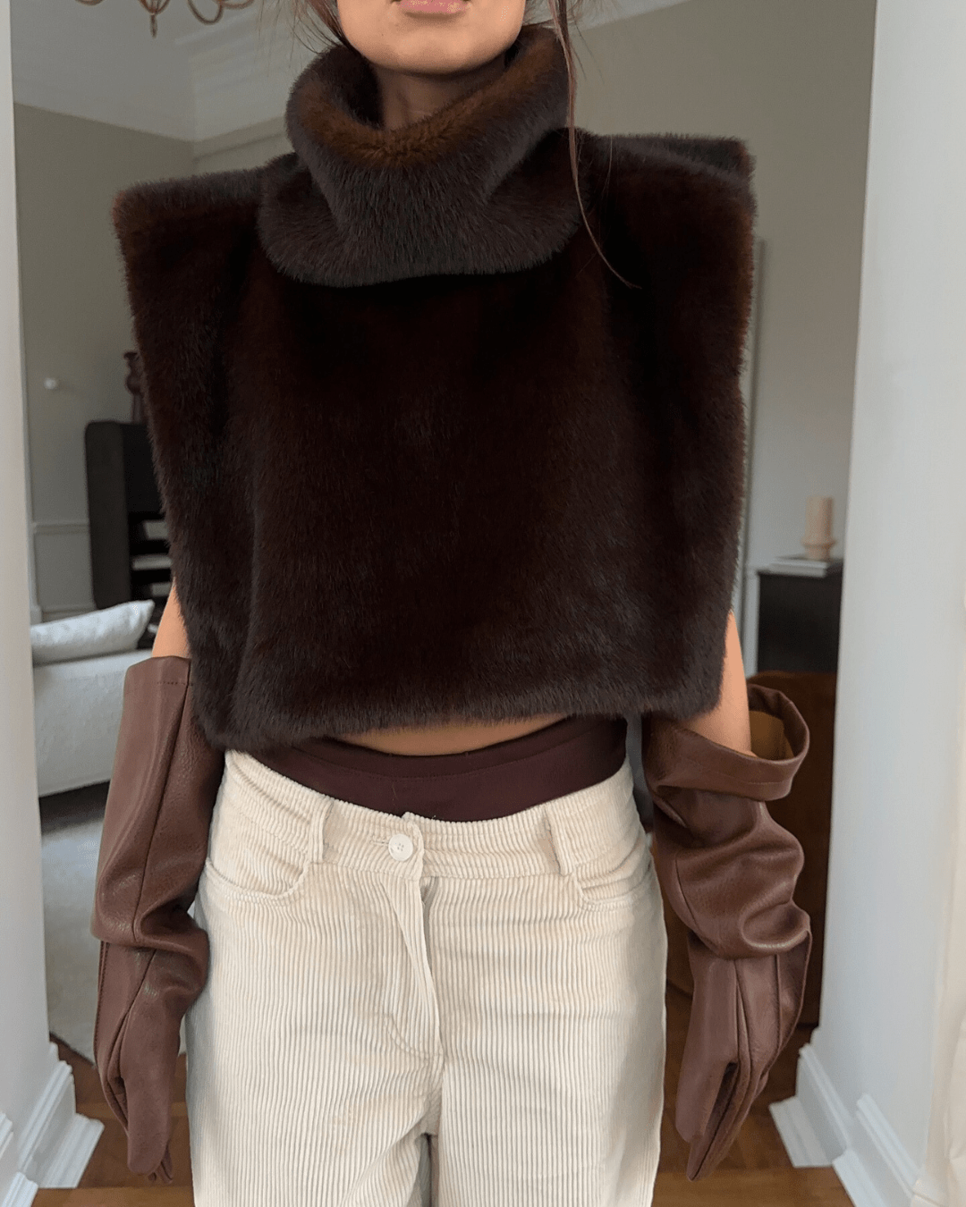 SOKYND Ivonne Faux Fur Turtleneck Vest in Brown