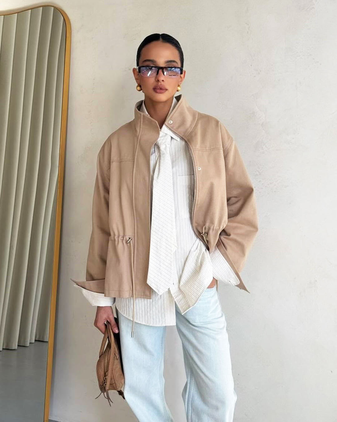 Joanna Drawstring Stand Collar Jacket in Beige