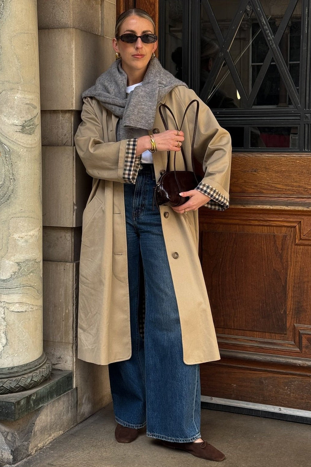 SOKYND Jane Check-Accent Mid Trench Coat CoatSOKYND-663447-BEI-L-30551BeigeL