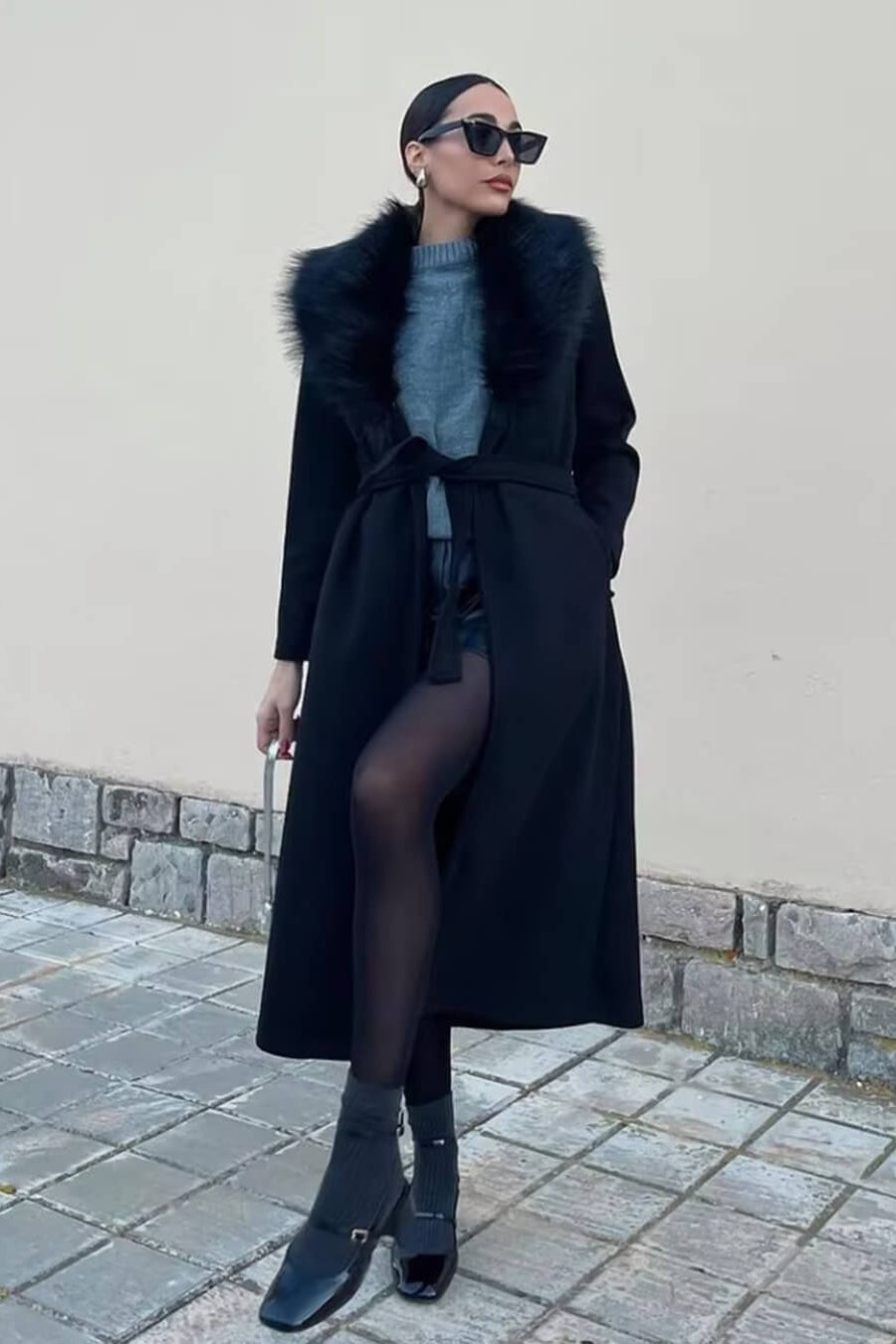 SOKYND Kirsty Faux Fur Collar Maxi Coat Coats & JacketsRu1767625273835562250BlackS