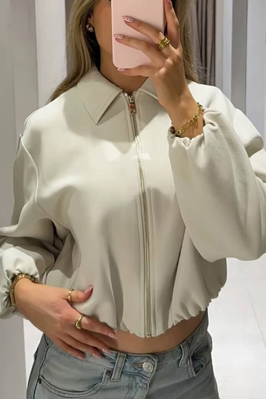 SOKYND Meera Puff Sleeve Bomber Jacket Coats & JacketsIvoryS