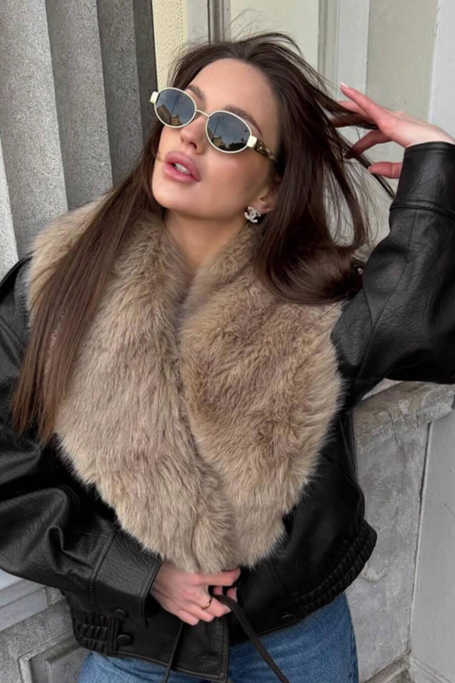 SOKYND Merriame Faux Leather Jacket with Detachable Fur Collar Coats & JacketsBlackL