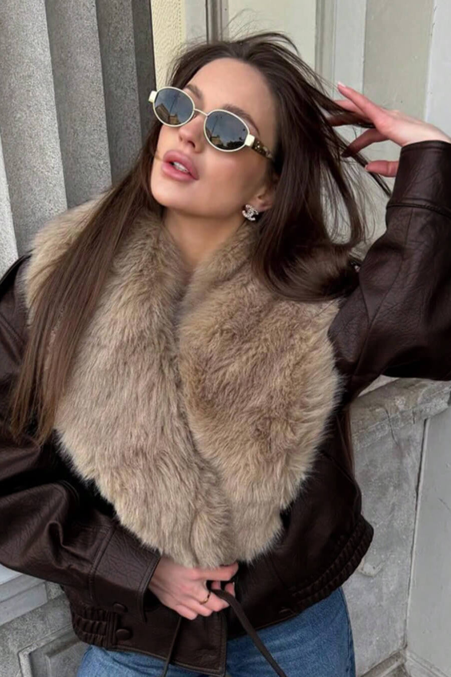 SOKYND Merriame Faux Leather Jacket with Detachable Fur Collar Coats & JacketsRp1767625273835923883BrownS