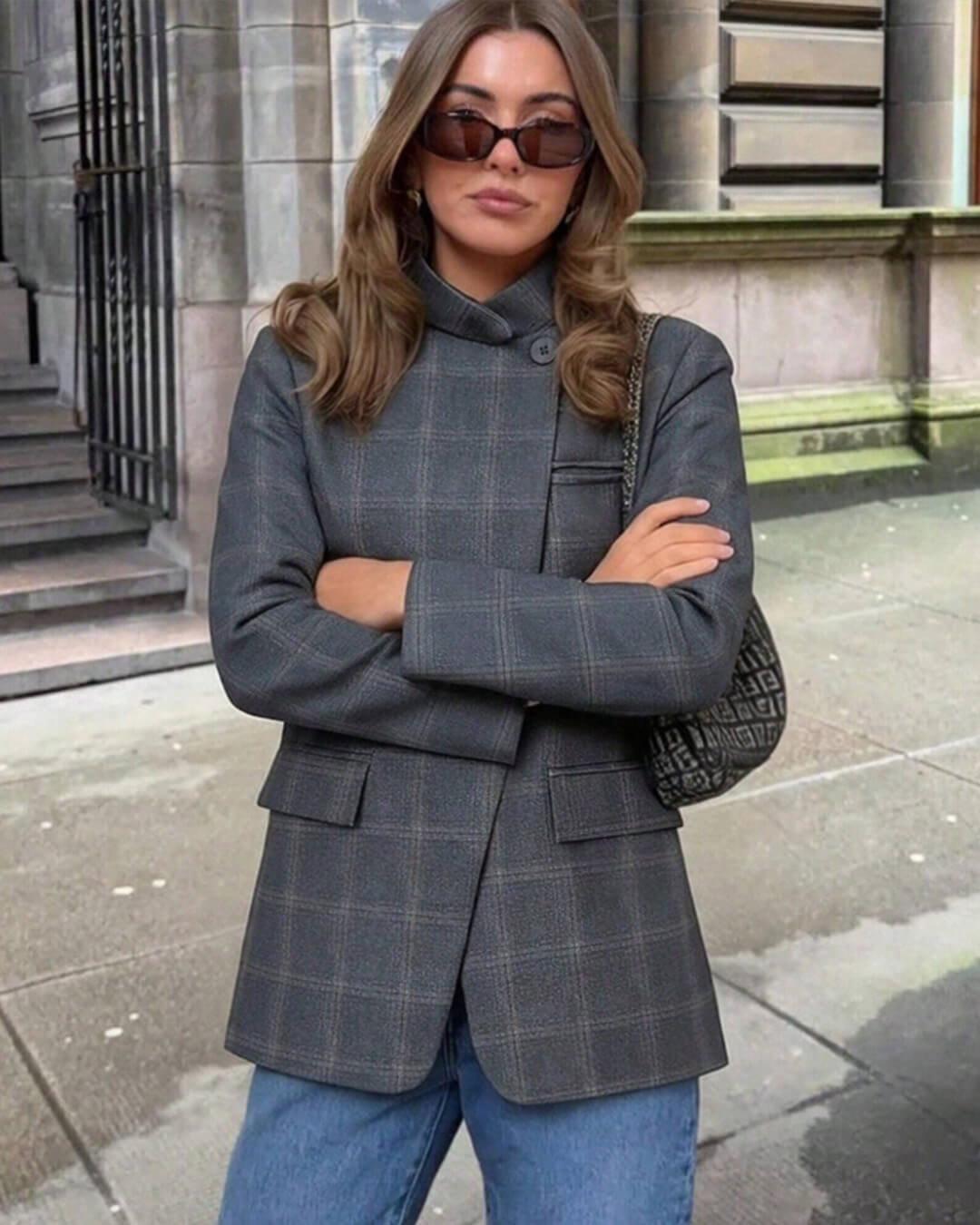 SOKYND Miriam Plaid Stand Collar Blazer JacketCharcoalS