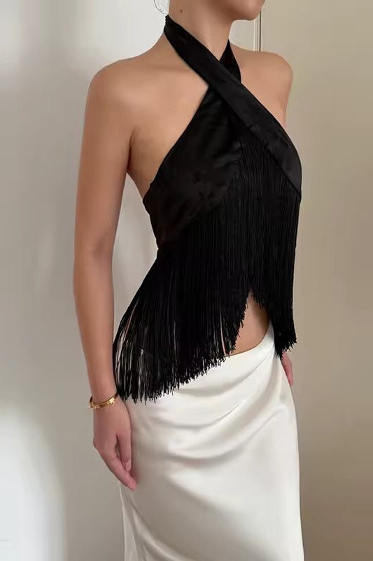SOKYND Nadia Satin Fringed Halter Top TopSOKYND-674327-BLA-M-71543BlackM