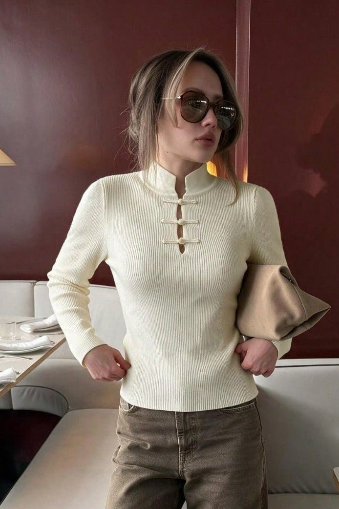 SOKYND Naomi Mandarin Collar Ribbed Knit Top TopSOKYND-389463-WHI-XS-34391WhiteXS
