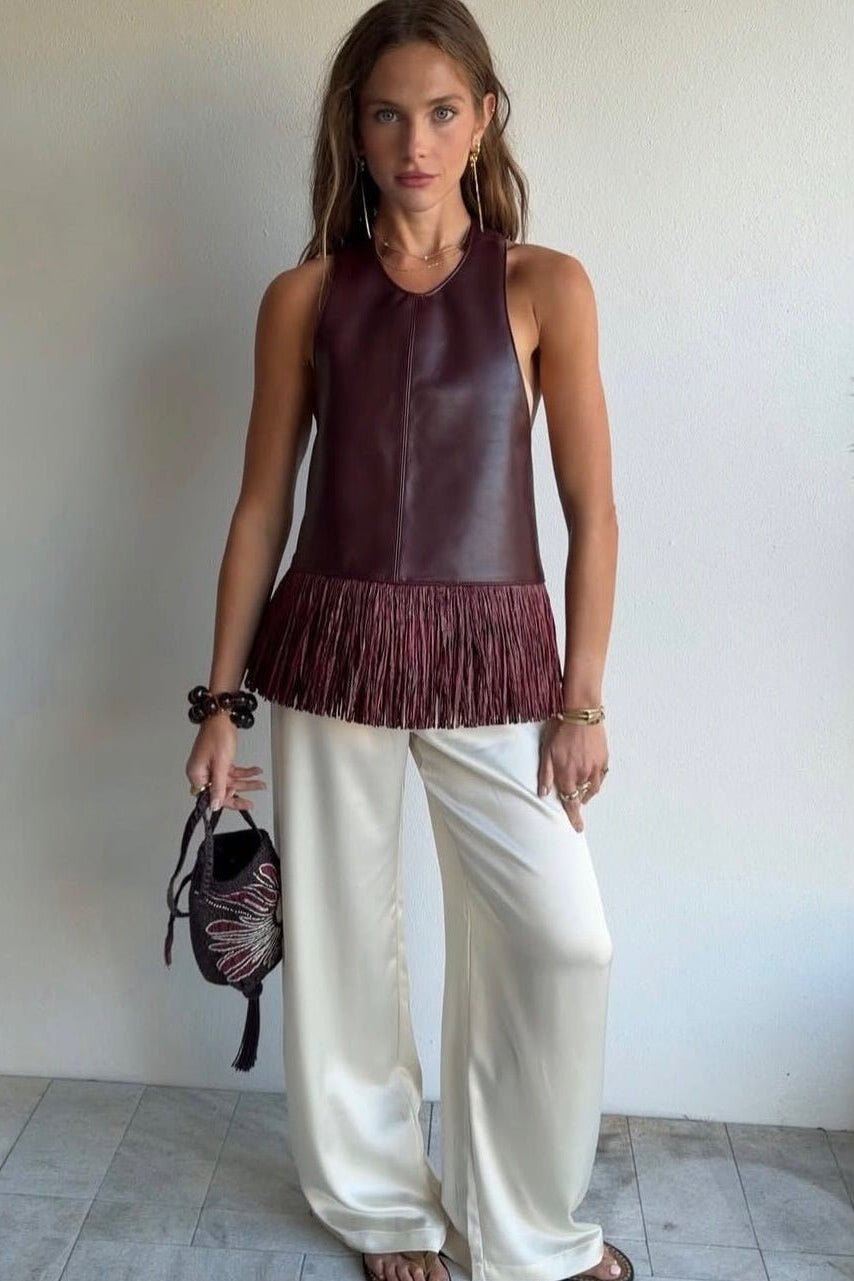 SOKYND Nicole Faux Leather Fringe Halter Top TopSOKYND-728535-BUR-S-64951BurgundyS