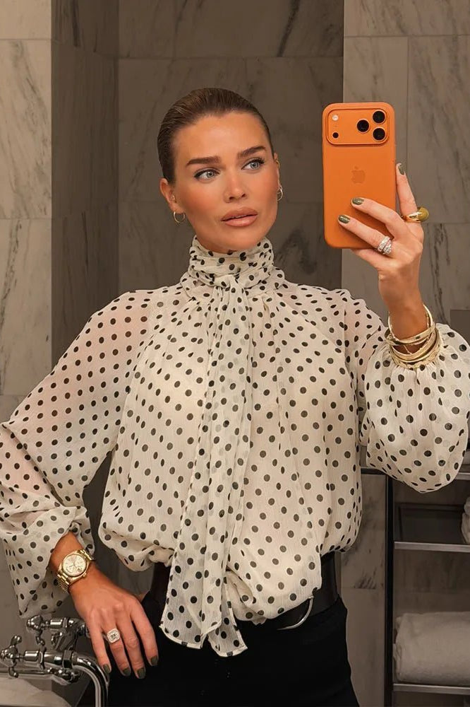 SOKYND Nyla High Collar Polka Dot Blouse TopsWhiteS