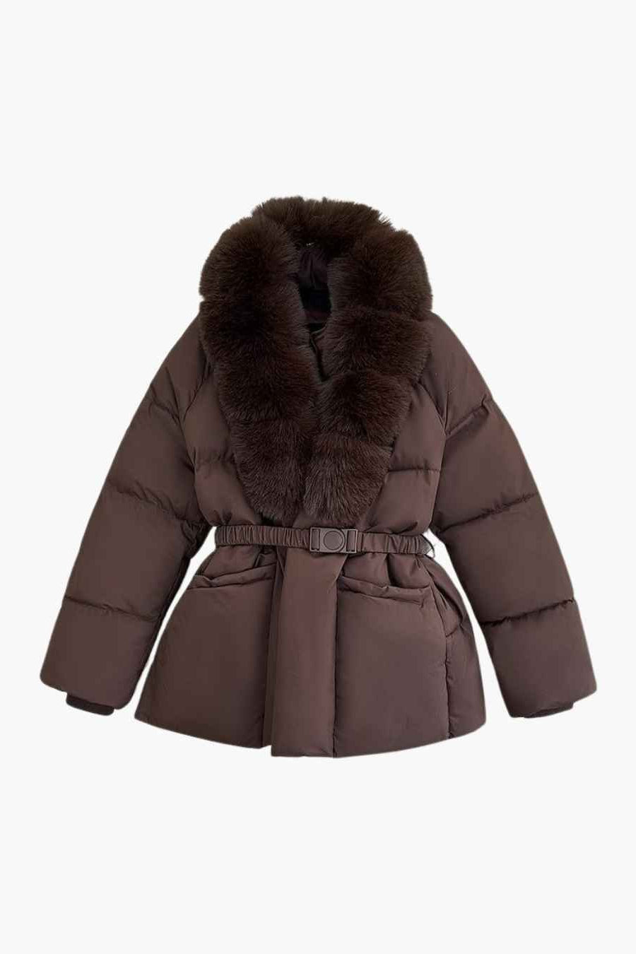 SOKYND Octavia Belted Faux Fur Collar Quilted Parka CoatSOKYND-235799-BRO-S-76855BrownS