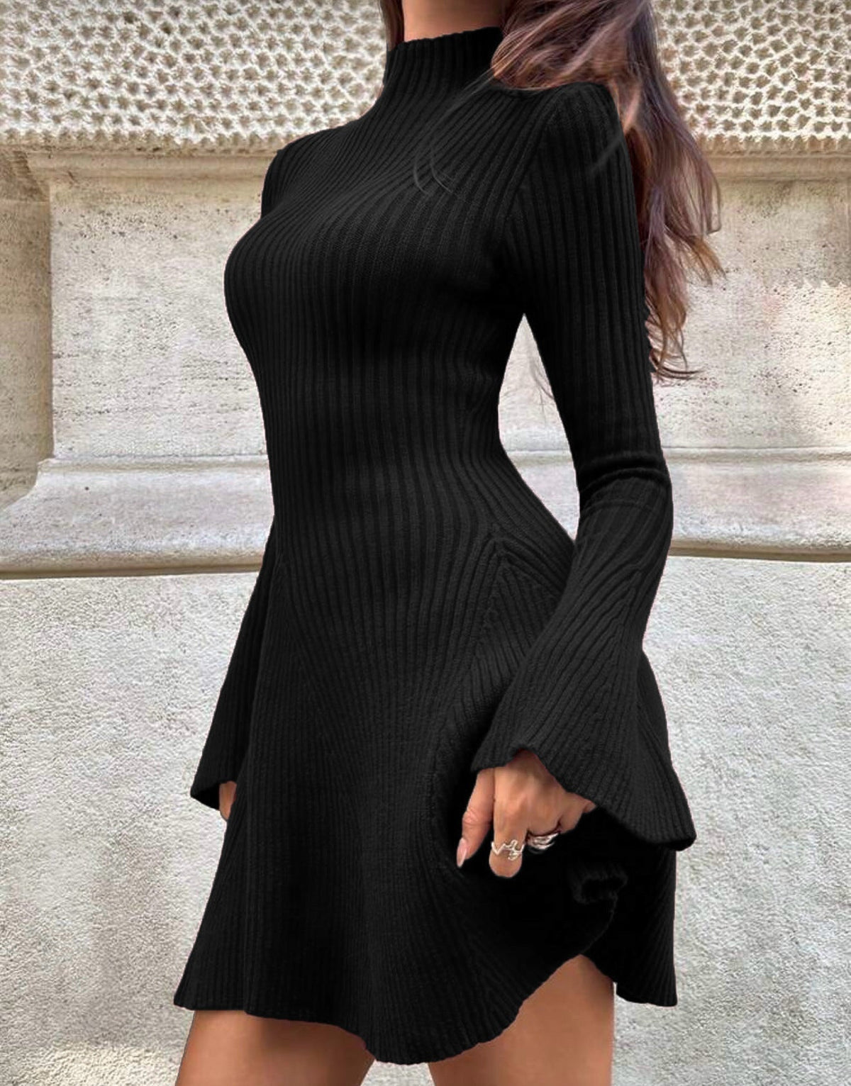 SOKYND Sara Bell Sleeve Ribbed Knit Sweater Dress DressSOKYND-154903-BLA-L-19287BlackL