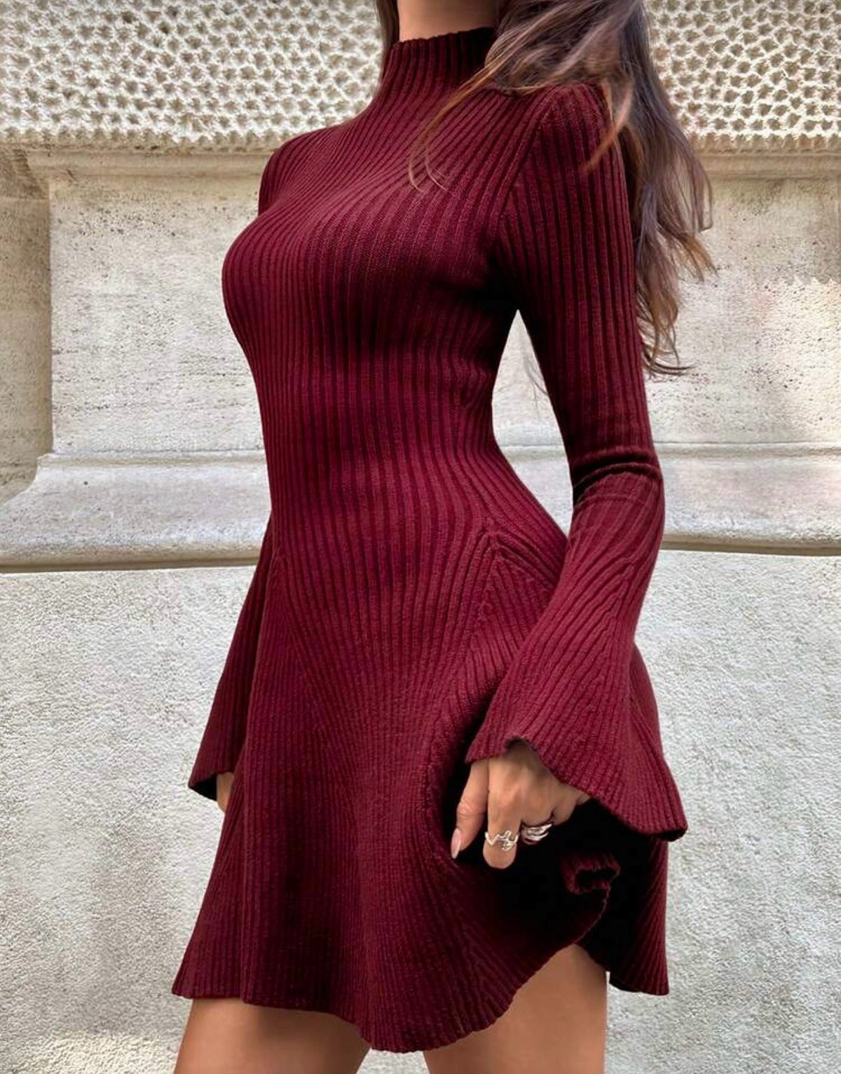 SOKYND Sara Bell Sleeve Ribbed Knit Sweater Dress DressSOKYND-154903-WIN-XS-57143WineXS