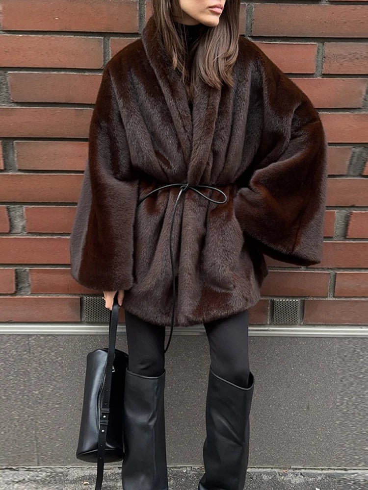 SOKYND Serena Faux Fur Belted Short Jacket JacketSOKYND-461527-BRO-L-30839BrownL