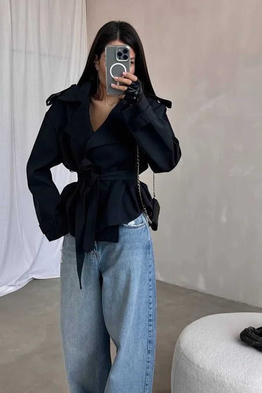 SOKYND Violy Belted Cropped Trench Coat Coats & JacketspP1774219786681113790Dark BlueS