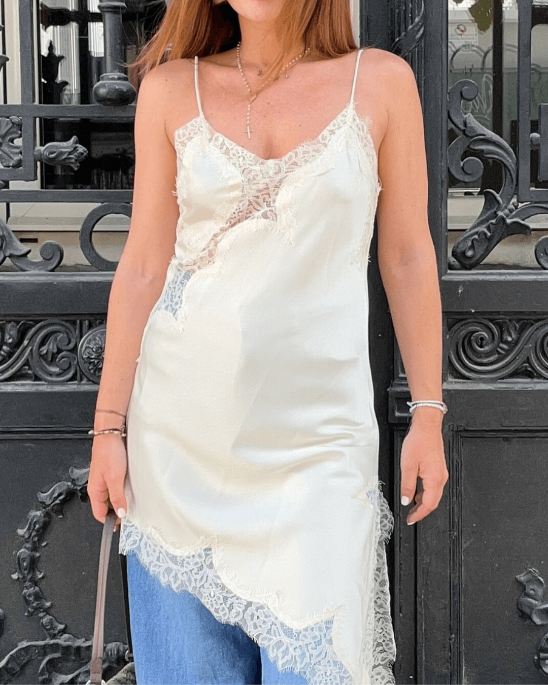 Gemma Asymmetric Satin Lace Midi Dress
