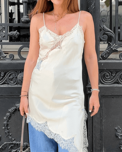 Gemma Asymmetric Satin Lace Midi Dress