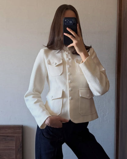 Angela Stand Collar Flap Pockets Blazer