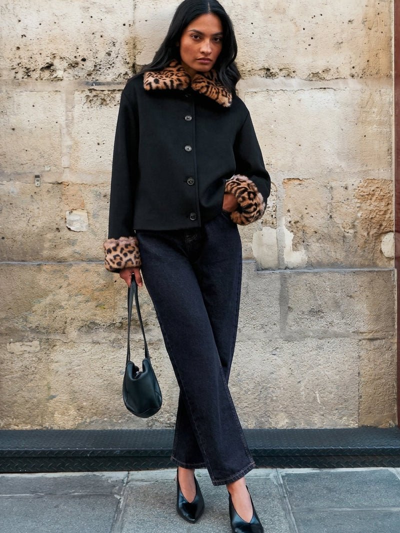 Laura Leopard Faux Fur Trim Button-Up Jacket