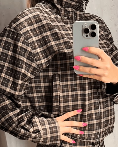 Eva High Collar Checked Zip Jacket