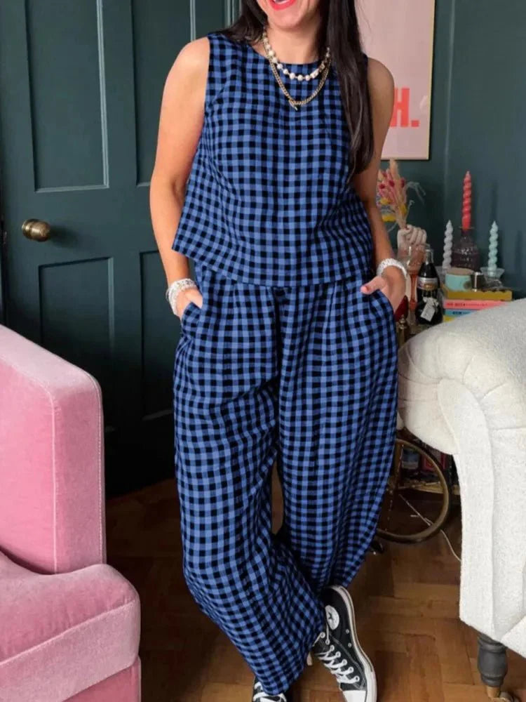 Camille Plaid Sleeveless Vest Set