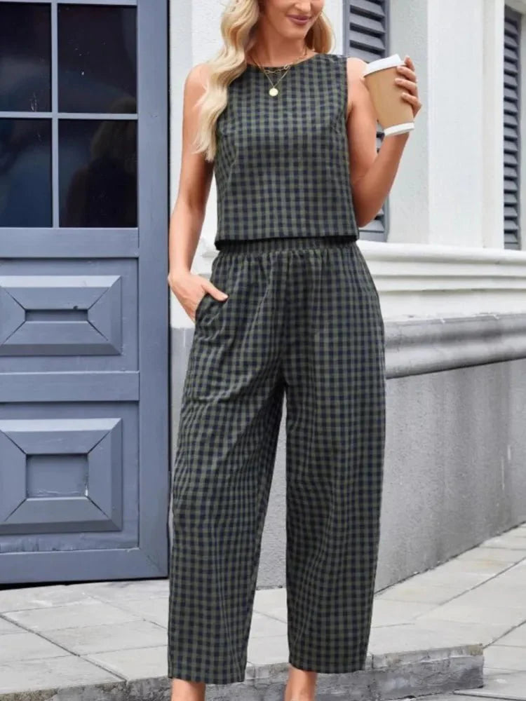 Camille Plaid Sleeveless Vest Set