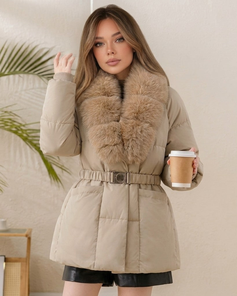 Octavia Belted Faux Fur Collar Quilted Parka