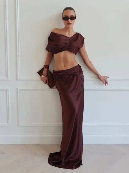 Sienna Satin Pleated Crop Top & Skirt Set