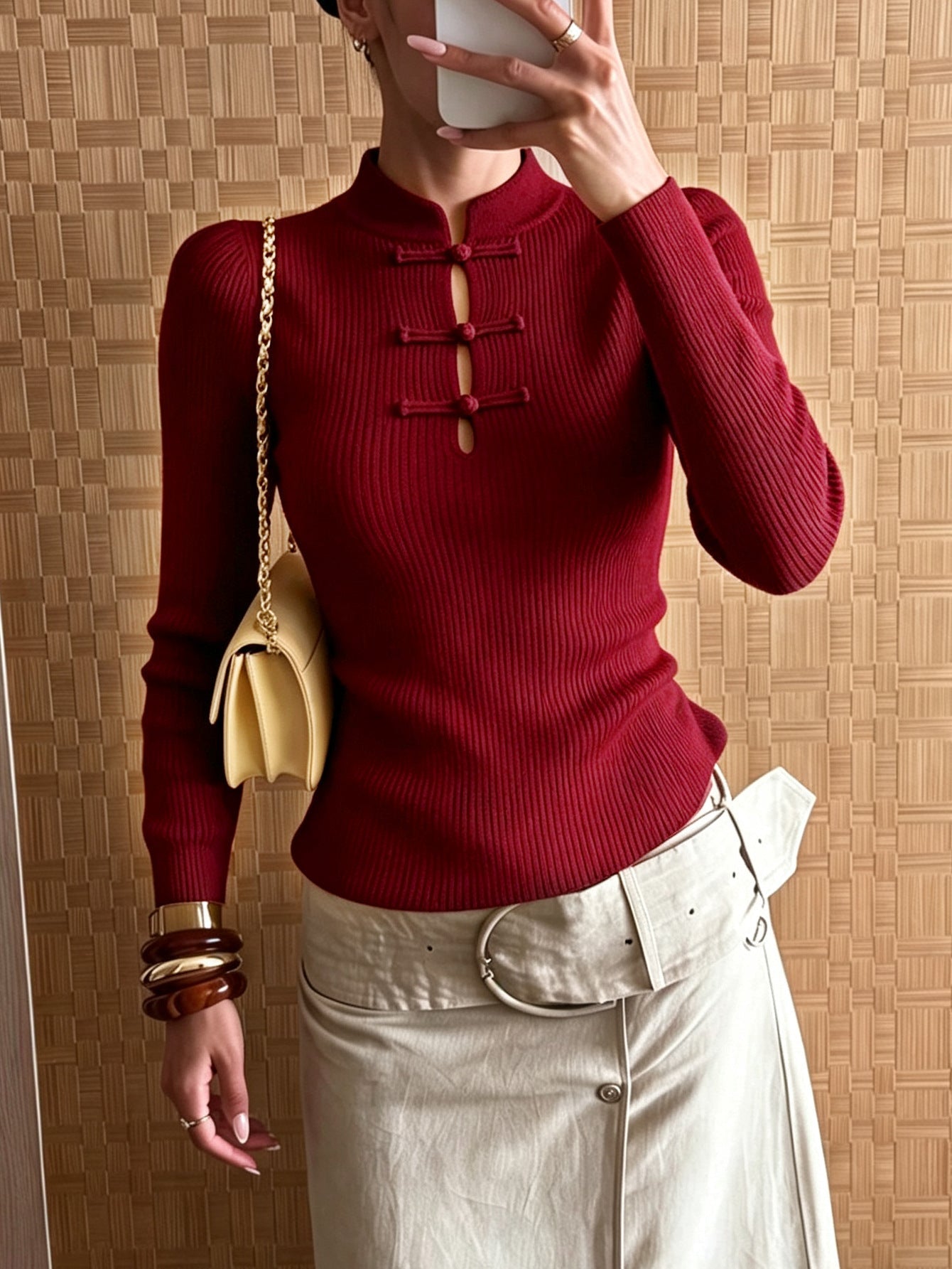 Naomi Mandarin Collar Ribbed Knit Top