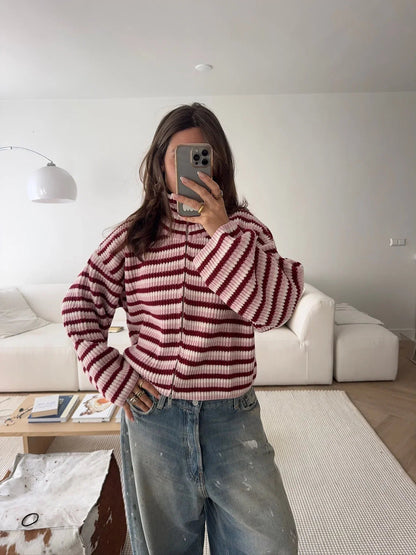 SOKYND Amelia Oversized Striped Zip Knit Sweater SweaterSOKYND-260631-PIN-M-15127PinkM