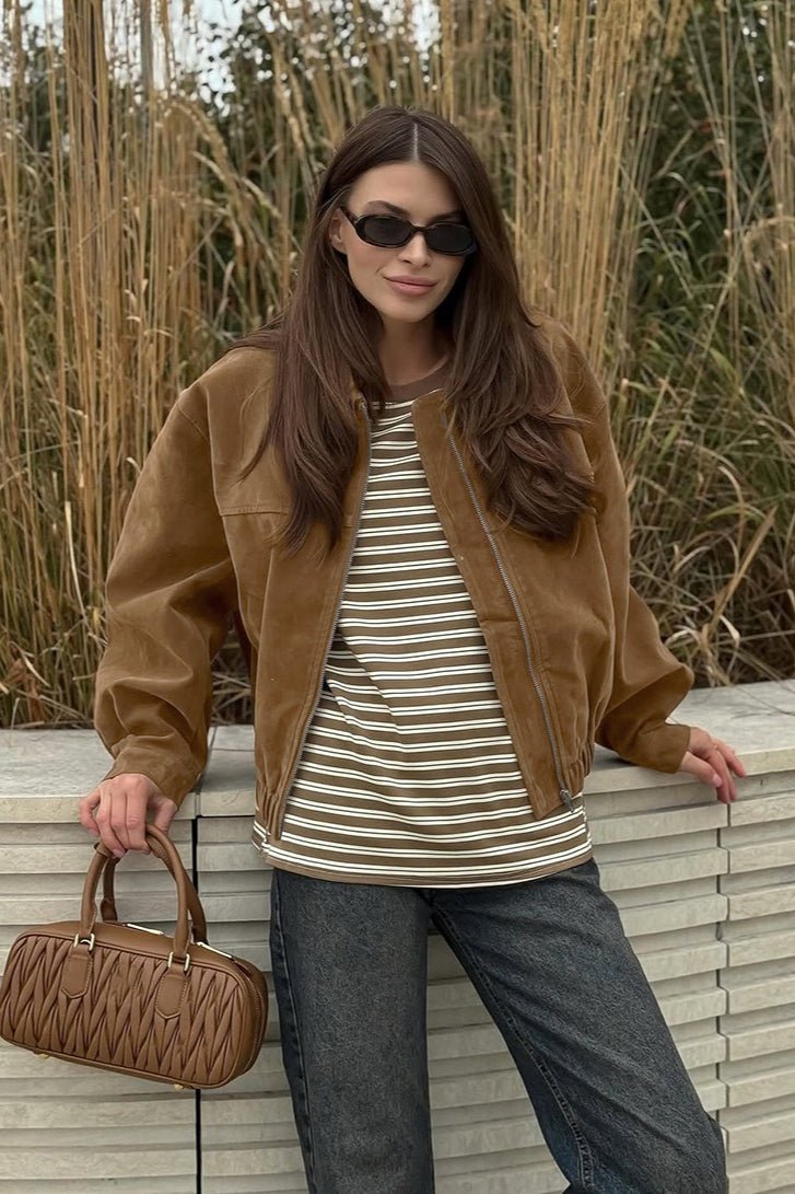 SOKYND Amelia Suede Zip-Up Bomber Jacket JacketSOKYND-423831-BRO-L-47095BrownL