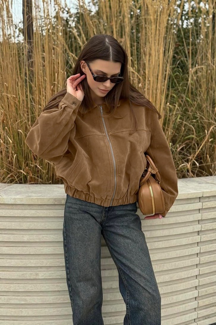 SOKYND Amelia Suede Zip-Up Bomber Jacket JacketSOKYND-423831-BRO-S-81559BrownS