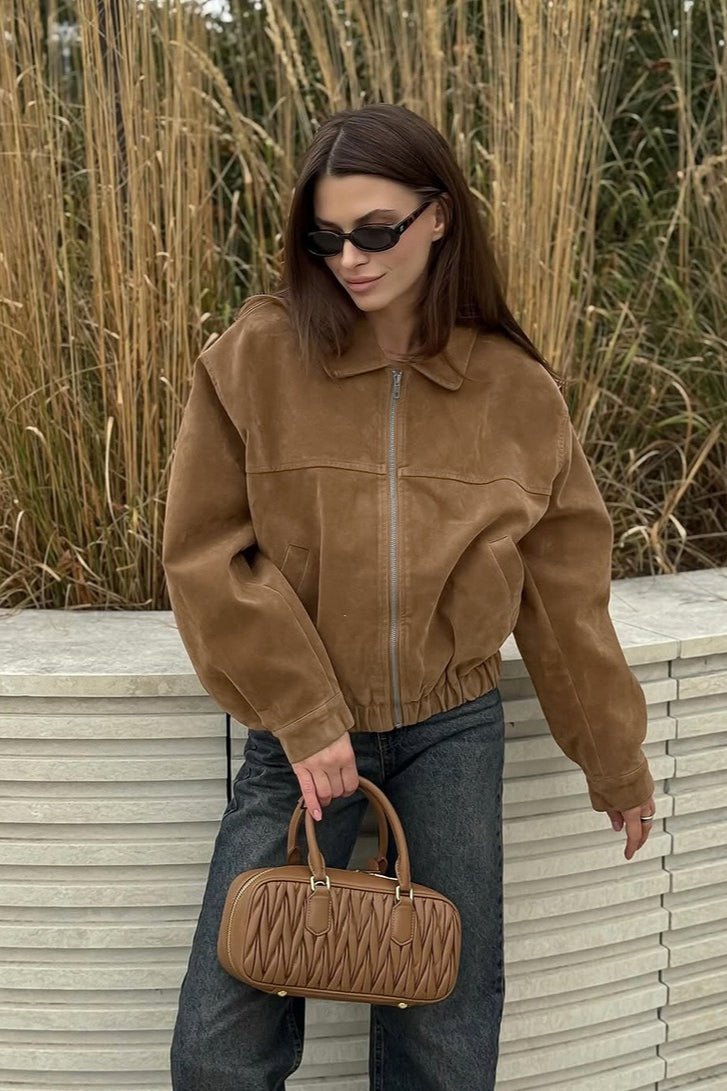 SOKYND Amelia Suede Zip-Up Bomber Jacket JacketSOKYND-423831-BRO-S-81559BrownS