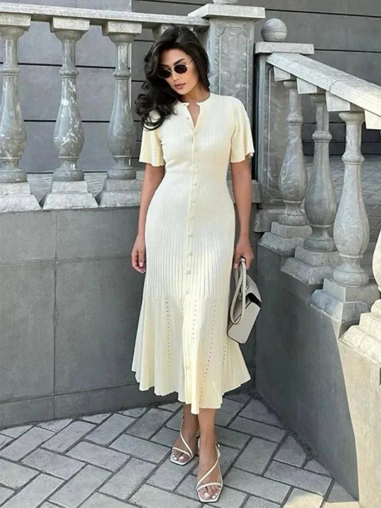 SOKYND Aneyla Bell Sleeve Pleated Knit Midi Dress DressesSOKYND-493911-BEI-S-33431BeigeS