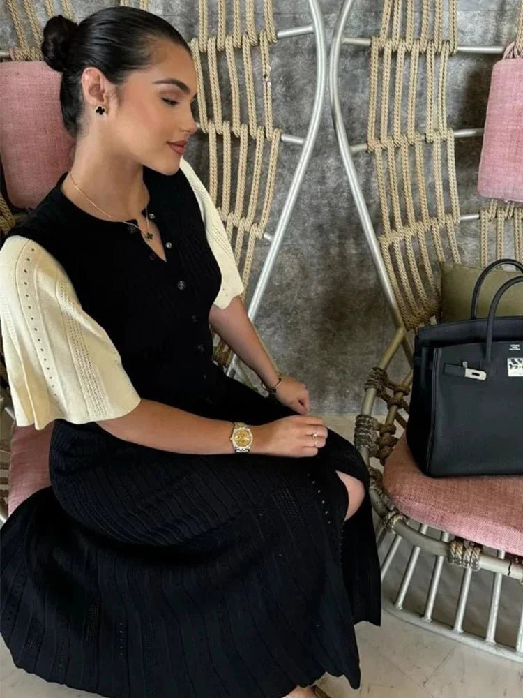 SOKYND Aneyla Bell Sleeve Pleated Knit Midi Dress DressesSOKYND-493911-BEI-S-33431BeigeS