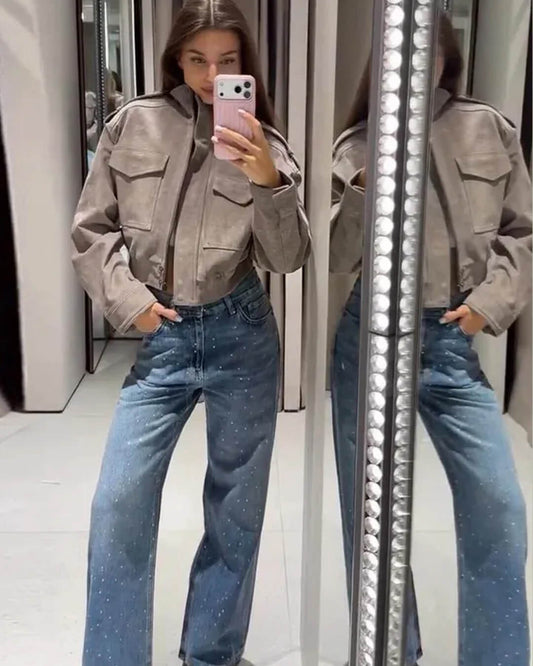 Ava Suede Cropped Stand Collar Jacket