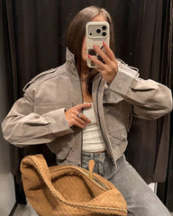 Ava Suede Cropped Stand Collar Jacket